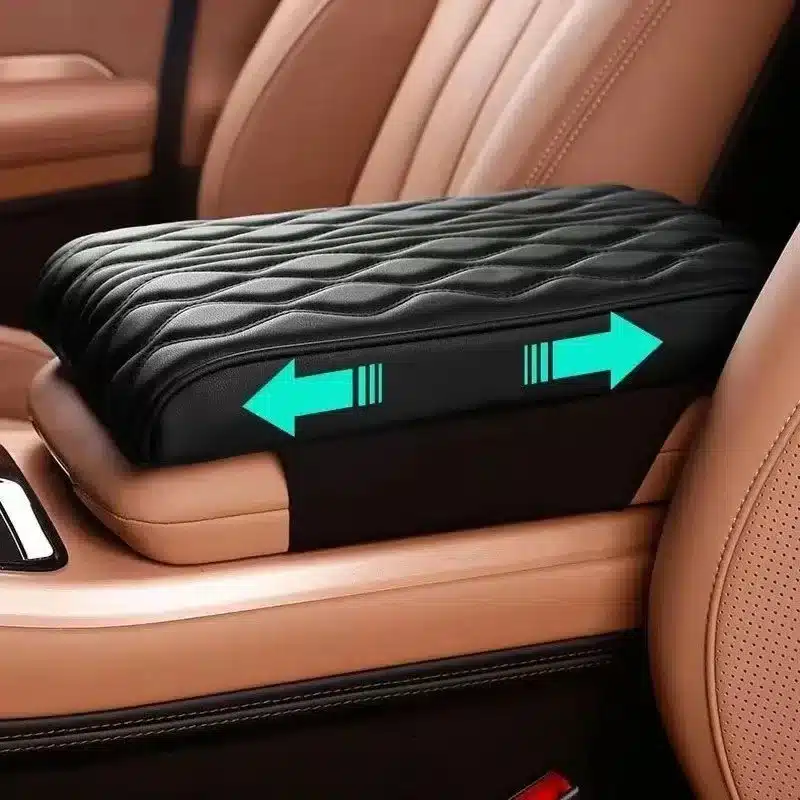 Universal Car Armrest Pad Cover – Black With Red Stitch, PU Leather Center Console Mat