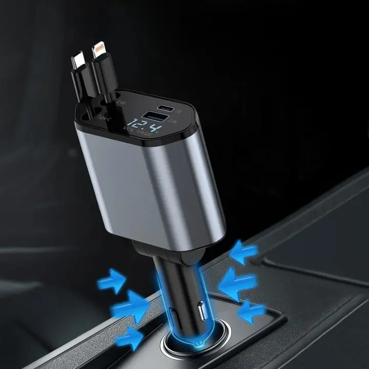 4-in-1 120W Car Fast Charger USB Type-C Power Adapter Retractable Phone Charger For IOS Android Phones