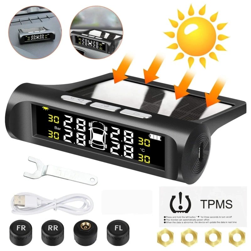 TPMS Car Tire Pressure Monitoring With Clock System – Solar-Powered for Safety and Energy-Efficient Real-Time Monitoring