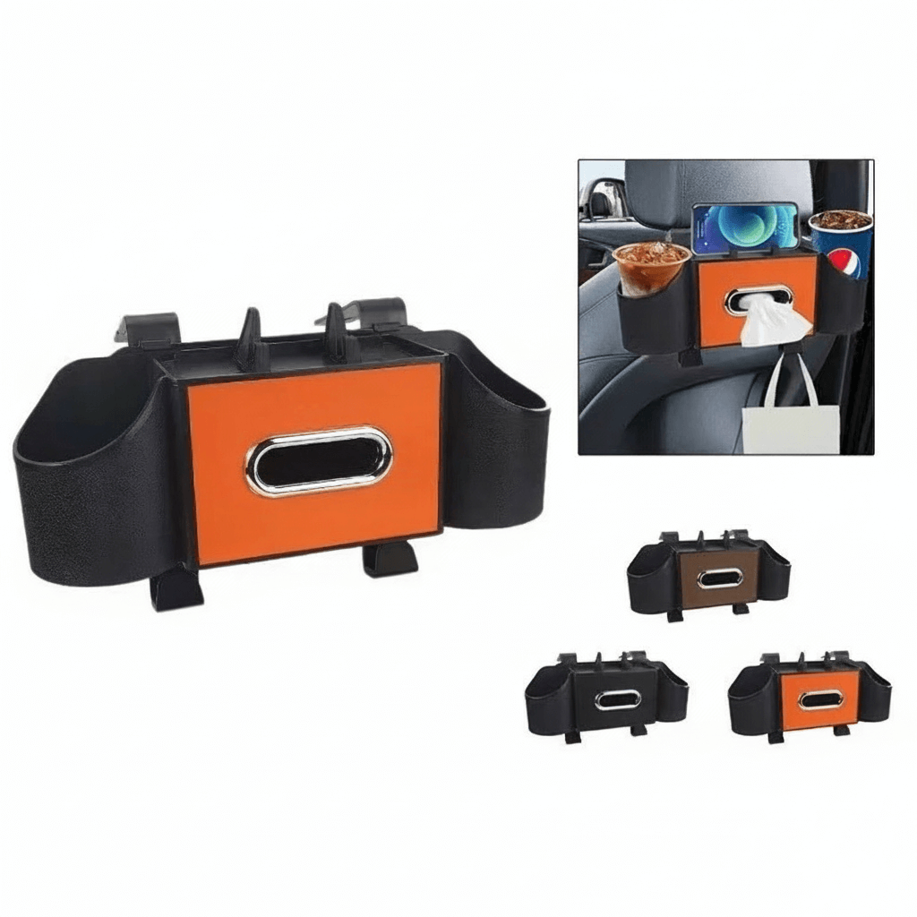 Car Back Seat Tissue Box Holder – 3-in-1 Multi-Functional Organizer for Tissue box, Drink Holder, And Hook