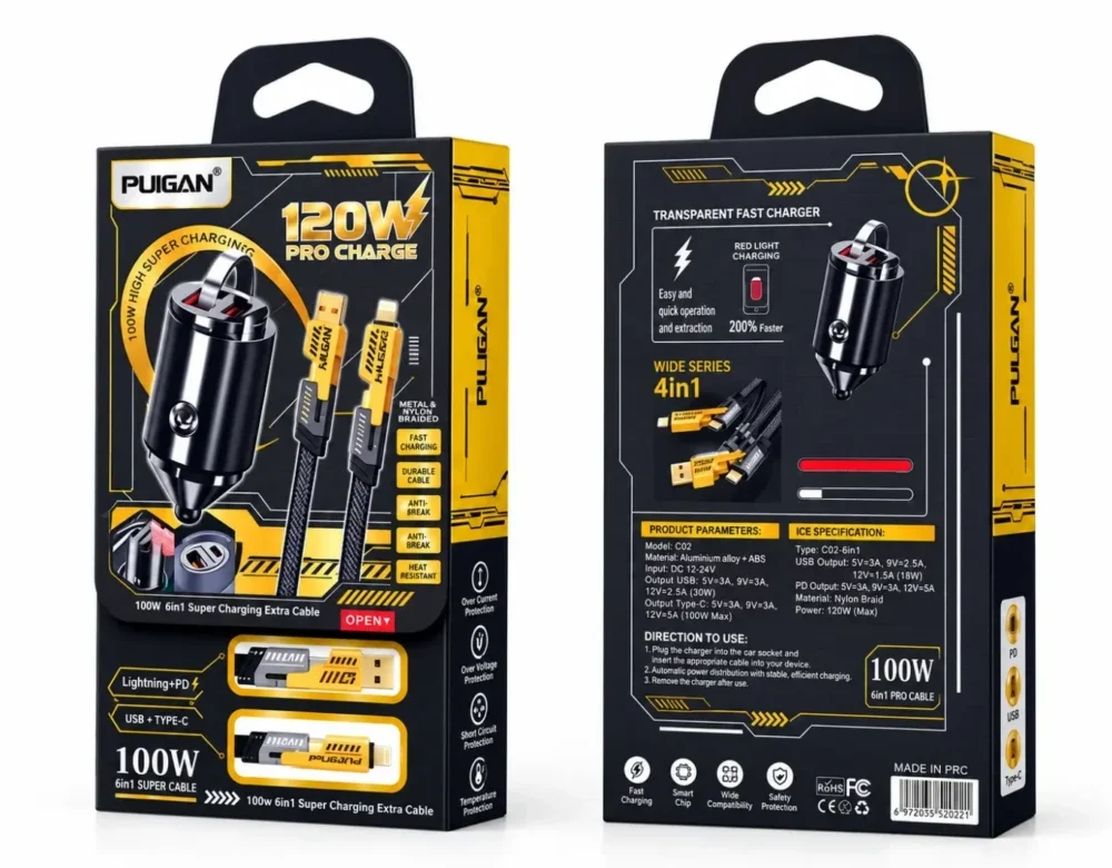 4 in 1 Pugan Car Charger 120W - Powerful & Stable Car Charger